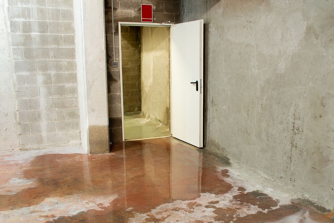 Überfluteter Raum mit offener Tür.